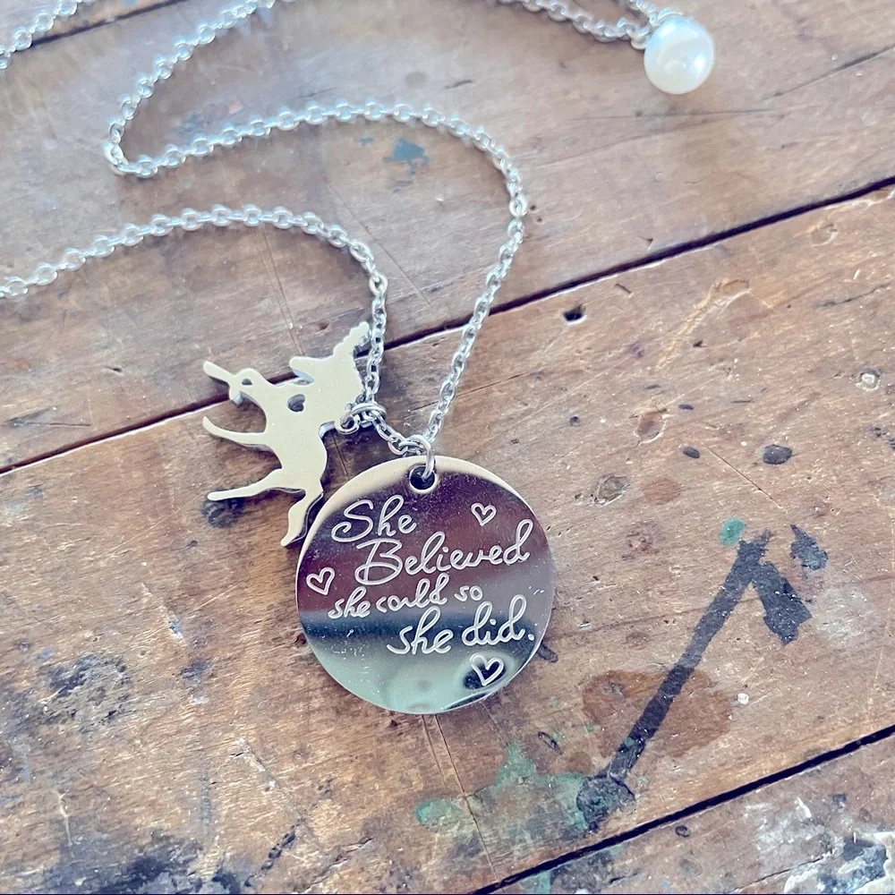 She Believed She Could So She Did unicorn necklace silver tone Pearl